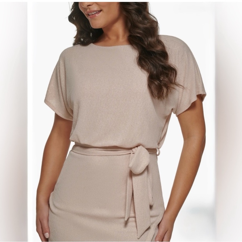 NWT KENSIE Shimmery Cream Blouson Dress with Tie Waist Size 10